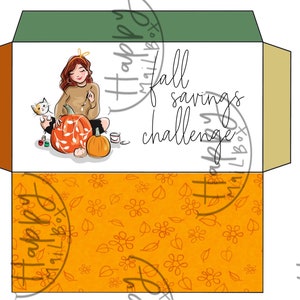 Könnte beinhalten: Ein druckbarer Umschlag mit dem Thema Herbst-Spar-Challenge. Der Umschlag zeigt eine Comic-Illustration einer Person, die einen Kürbis bemalt, mit einer Katze, die daneben sitzt. Der Text "Herbst-Spar-Challenge" ist in einer handschriftlichen Schriftart geschrieben.