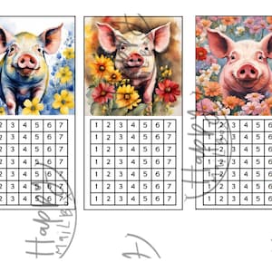 May include: Three images of a pig with a pink snout and pink ears. The pig is surrounded by flowers in each image. Each image has a grid of numbers 1 through 7, with each number repeated 8 times.
