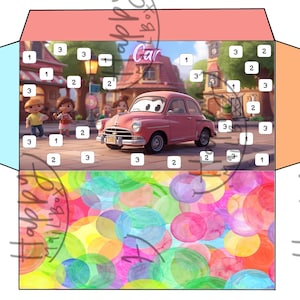 以下が含まれることがあります： 漫画の車のシーンが描かれた、カラフルなペーパークラフト。ピンクの車、キャラクター、そして「Car」の文字がデザインされています。下部には、さまざまな色の円が重なり合った水彩画のパターンがあります。側面は青とオレンジです。