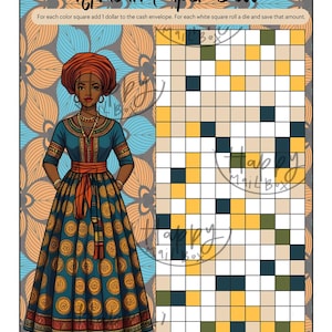 May include: An "African Paper Doll" printable game sheet. The illustration features a woman in traditional attire, a grid for gameplay, and text instructions. The background has a floral pattern in shades of blue, orange, and brown.