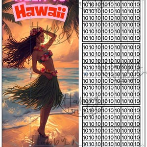May include: Illustration of a woman in a hula skirt and floral lei, with the text "Hula to Hawaii." The background features a sunset over a beach with palm trees. A paint-by-number grid is on the right.
