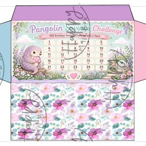 Könnte beinhalten: Ein dekorativer Umschlag mit floralem Muster und dem Text "Pangolin Savings Challenge". Das Design zeigt ein Pangolin, das ein Herz hält, einen Spar-Tracker und einen floralen Hintergrund. Der Umschlag ist in Lila-, Rosa- und Blautönen gehalten.