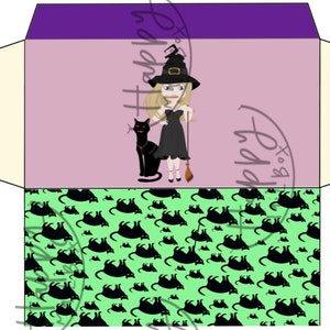 May include: A printable Halloween envelope template featuring a witch with a black cat and a broom. The envelope has a purple, pink, and green color scheme with a black cat pattern on the bottom.