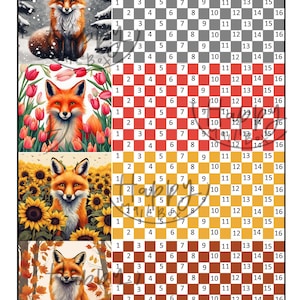 May include: A digital illustration of a red fox in four different seasonal settings. The fox is depicted in a snowy forest, a field of tulips, a field of sunflowers, and a forest of autumn leaves. Each scene is framed by a grid with numbers 1 through 16.