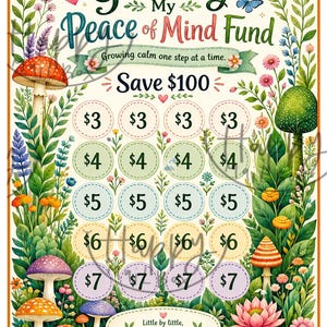 以下が含まれることがあります： Growing My Peace of Mind Fundと題された貯金トラッカー。Growing calm one step at a timeとSave $100の文字があり、3ドルから7ドルまでの金額が書かれた円が並び、周囲は色鮮やかな植物のイラストで飾られています。