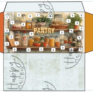 Puede incluir: Un sobre ilustrado que representa una escena de despensa con estantes llenos de frascos, recipientes y plantas. La palabra "PANTRY" se muestra de forma destacada. El sobre tiene paneles laterales naranjas y un fondo azul claro.