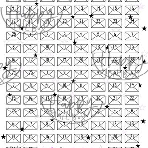 Op de afbeelding: Een zwart-witte printbare plannerpagina met een raster van 25 genummerde enveloppen. De pagina is versierd met zwarte sterren en de tekst "Mail Box" en "€ 1.300".