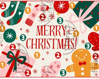 May include: A festive Christmas-themed illustration with the words "MERRY CHRISTMAS!" in red. The image features socks, gift boxes, ornaments, a gingerbread man, and snowflakes. The color palette includes red, green, pink, and gold accents on a cream background.