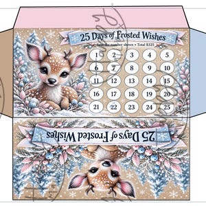 Può includere: Un modello di busta di carta spiegata con un tracker di risparmio di 25 giorni intitolato 25 Days of Frosted Wishes. Il design include un cerbiatto, pini innevati e cerchi numerati da 1 a 25 su uno sfondo beige con fiocchi di neve.
