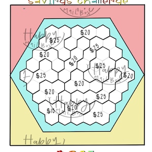 May include: A hexagon puzzle with a savings challenge theme. The puzzle has a total of 13 hexagons, each with a dollar amount written inside. The total amount is $305.