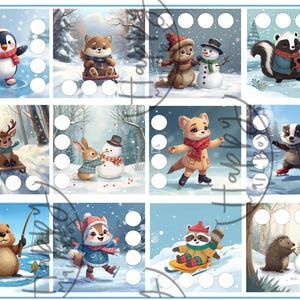 Può includere: Un foglio di illustrazioni a tema invernale con vari animali in scene innevate. Un pinguino pattina sul ghiaccio, una volpe è seduta su una slitta e uno scoiattolo pesca. Altri animali includono un cervo, un coniglio, un tasso, un castoro, un procione e un riccio.