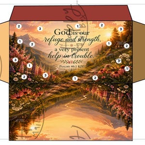 Könnte beinhalten: Eine flache, ungefaltete Kartonschachtel-Vorlage mit einem Landschaftsdruck von Bergen, einer Hütte und Wildblumen bei Sonnenuntergang. Der Text lautet: God is our refuge and strength, a very present help in trouble. Psalms 46:1 KJV. Nummerierte Kreise sind überlagert.