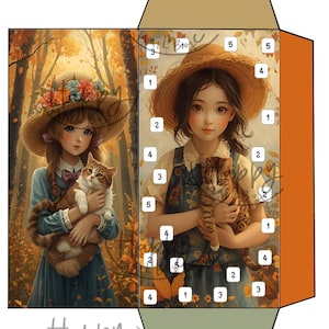 May include: A decorative box featuring two illustrations of young girls holding cats. The girls wear straw hats and dresses, set against a backdrop of an autumn forest. The box has a brown, orange, and green color scheme.