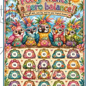 Könnte beinhalten: Ein buntes Spar-Tracker-Poster mit fünf Papageien, die Brillen und Blumenschmuck tragen und jeweils eine kleine, mit Bargeld gefüllte Geldbörse halten. Der Text lautet Polly wants a zero balance! Pay off debt, save big, and live your tropical dreams!