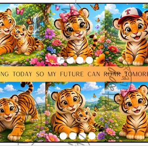 May include: A colorful illustration featuring several cartoon tigers in a vibrant outdoor setting. The tigers are orange and black striped, with some wearing accessories like a baseball cap and a pink bow. The image includes the text: "SAVING TODAY SO MY FUTURE CAN ROAR TOMORROW."