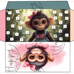 May include: A decorative envelope featuring a cartoon monkey with a pink bow. The monkey is set against a jungle backdrop. The envelope has pink and teal accents, with the text "Happy Mail Box".