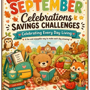 Può includere: Un poster colorato intitolato SEPTEMBER Celebrations SAVINGS CHALLENGES Celebrating Every Day Living. Presenta un orsacchiotto che legge, uno zaino, libri con testo come DREAM BIG, un cestino da picnic, una volpe e un quaderno con un piano.