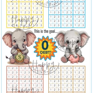 May include: A financial planning graphic with four numbered grids and two cartoon elephants. The text reads "This is the goal... 0 DEBT!" and includes a jar of money and a piggy bank. The image is in a colorful design.