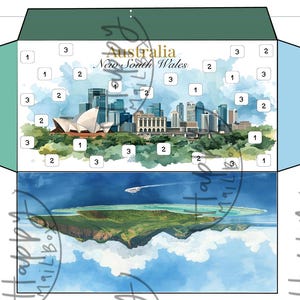 May include: An unfolded envelope with a watercolour illustration of the Sydney skyline and the text "Australia New South Wales." The bottom half shows a tropical island with a plane. The envelope is mainly blue, green, and white.