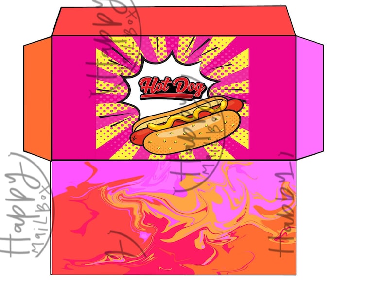 Pode incluir: Um envelope rosa e laranja com uma ilustra&ccedil;&atilde;o de um cachorro-quente e as palavras "Hot Dog" em um bal&atilde;o de fala. O envelope tem um padr&atilde;o de m&aacute;rmore na metade inferior.