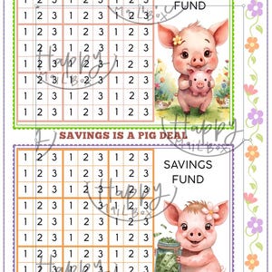 Puede incluir: Dos rastreadores imprimibles de fondos de ahorro con temática de cerdos. Uno presenta un cerdo con un cerdito, el otro un cerdo sosteniendo un tarro de dinero. Se incluye el texto "SAVINGS FUND" y "SAVINGS IS A PIG DEAL".