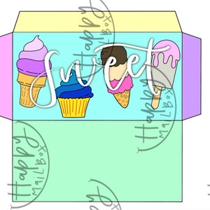 May include: A colorful envelope design featuring ice cream cones, a cupcake, and a popsicle. The word "sweet" is written in cursive across the center. The background is light blue, with pink, yellow, and purple accents.