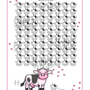 May include: A black and white cow with pink accents is surrounded by a grid of 100 black and white cows. The text "Where's the beef?" is at the top of the image. The image is a fun counting game for kids.