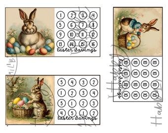 May include: Three printable Easter savings charts featuring a brown bunny rabbit with colourful eggs. The first chart has a bunny surrounded by eggs, the second chart has a bunny holding a basket of eggs, and the third chart has a bunny holding a basket of eggs with a grid of numbers.