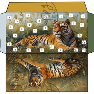 May include: An envelope with a tiger illustration. The tiger, in shades of orange and black, is depicted resting in a field of tall grass. The design includes a mirrored image of the tiger below, creating a symmetrical effect.