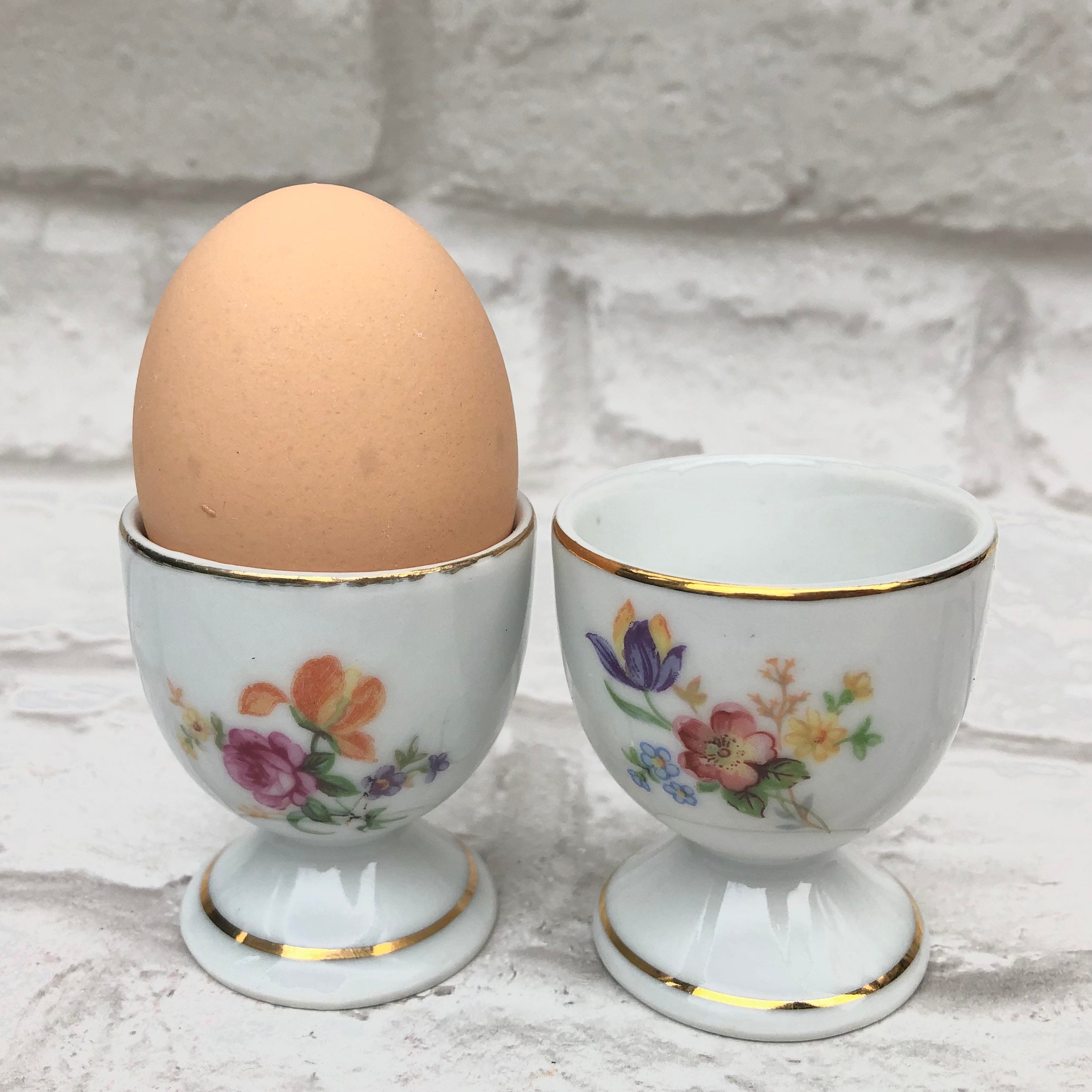 Vintage Porcelain Egg Cups A Pair of Floral Decor Pedestal Etsy