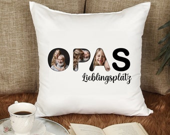 Kissen für Opa | Opas Lieblingsplatz Kissenbezug mit Fotos personalisiert | Geschenk für Opa