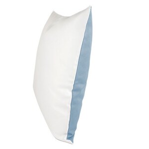 May include: A white pillow with a light blue border. The pillow is made of a soft, comfortable material and is perfect for sleeping or lounging.