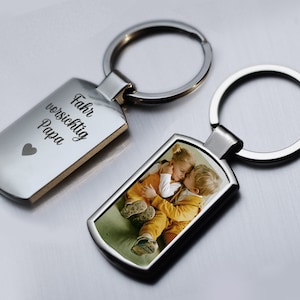 Porte-clés personnalisé avec gravure et photo en métal | Belle idée cadeau pour papa ou grand-père et grand-mère