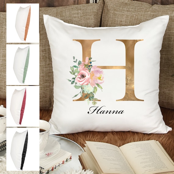 Kissen personalisiert | Kissen personalisiert | Kissenbezug 40x40 | Mit Ihrem Anfangsbuchstaben und Namen - Blumen Motiv