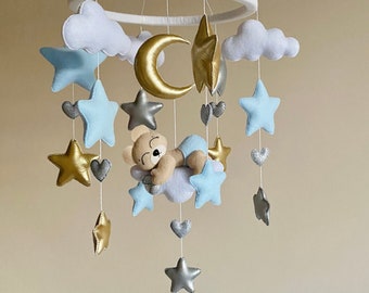 Bear baby mobile, baby shower gift, baby mobile boy, bear on the cloud, crib mobile