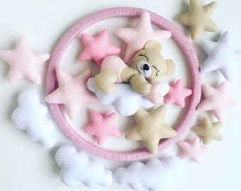 Bear baby mobile, baby mobile girl, cot mobile, crib mobile, nursery mobile, baby shower gift, sleeping bear mobile, baby room decor