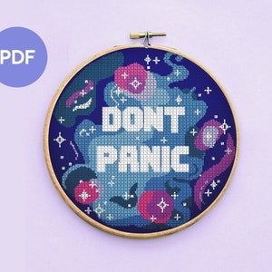 Don't Panic Cross Stitch Pattern, full-colour PDF, instant download, complete instructions, suitable for beginner and experienced stitchers