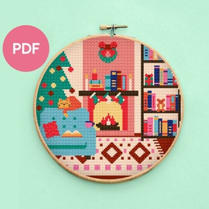 Christmas Living Room Cross Stitch Pattern, full-colour PDF, immediate download, complete instructions, suitable for all experience levels