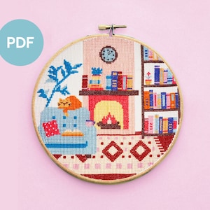 Colourful Bookshelf Cross Stitch Pattern – Midnight Blue