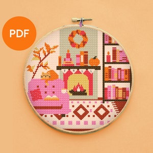 Autumn Library Cross Stitch Pattern,  full-colour PDF instant download, complete instructions, suitable for beginner & experienced stitchers