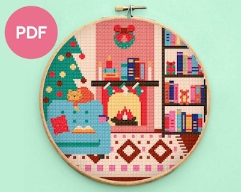 Christmas Living Room Cross Stitch Pattern, full-colour PDF, immediate download, complete instructions, suitable for all experience levels