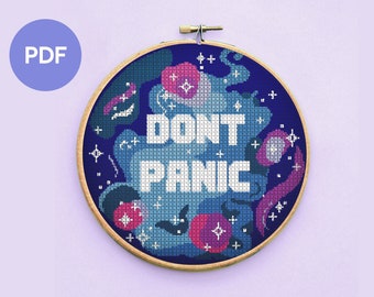 Don't Panic Cross Stitch Pattern, full-colour PDF, instant download, complete instructions, suitable for beginner and experienced stitchers