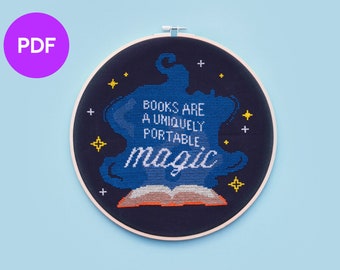 Patrón de punto de cruz "Los libros son mágicos", descarga instantánea en PDF, instrucciones completas, adecuado para principiantes y bordadores avanzados.