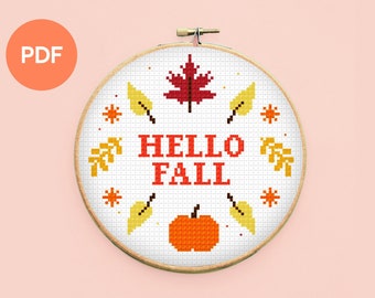 Hello Fall, Autumn Cross Stitch Pattern, instant download PDF, full instructions, suitable for beginner and advanced stitchers