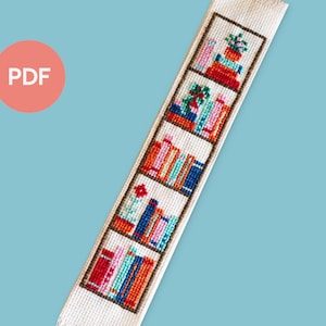 Boekenkast bladwijzer kruissteekpatroon, full colour pdf, volledige instructies, geschikt voor beginnende en ervaren naaisters