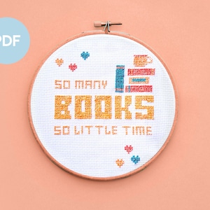So Many Books Cross Stitch Pattern, full-colour PDF, immediate download, complete instructions, suitable for all experience levels