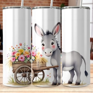 Süßer Esel mit Blumenwagen Digital Tumbler Wrap PNG, entzückende Tierkunst Tumbler Design, kreative Tumbler Artwork