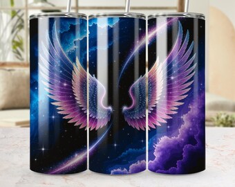 Envoltura digital para vaso con alas de galaxia (PNG), diseño de sublimación de alas de ángel, impresión celestial para vaso, arte de estrellas y nebulosas para vaso