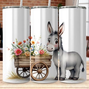 Süße Esel mit Blumenwagen Digital Wrap PNG, entzückende Tierkunst Tumbler Design, sofortiger Download, Tumbler Sublimationskunst
