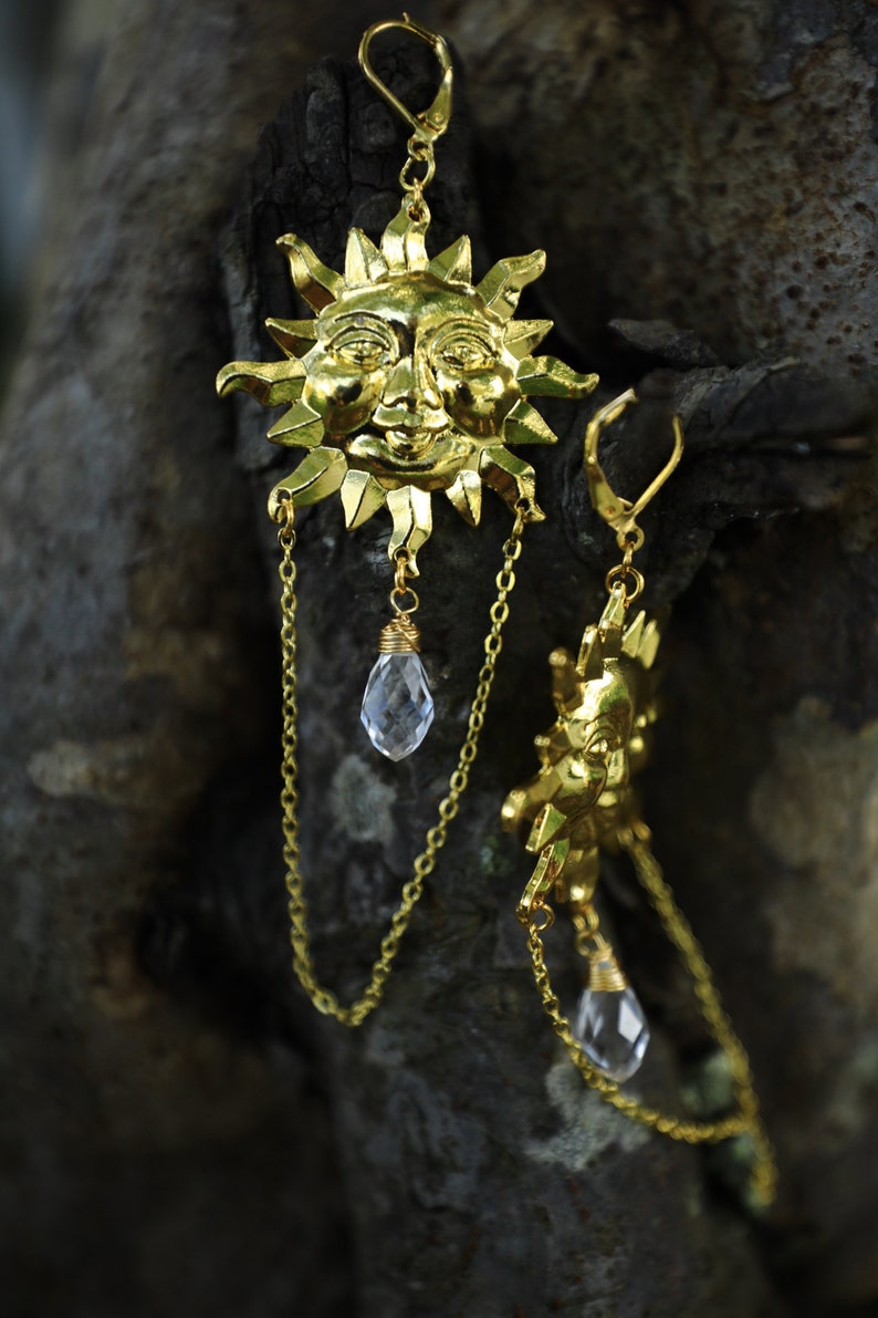 Witchy Sun and crystal  Earnings with tiny bells